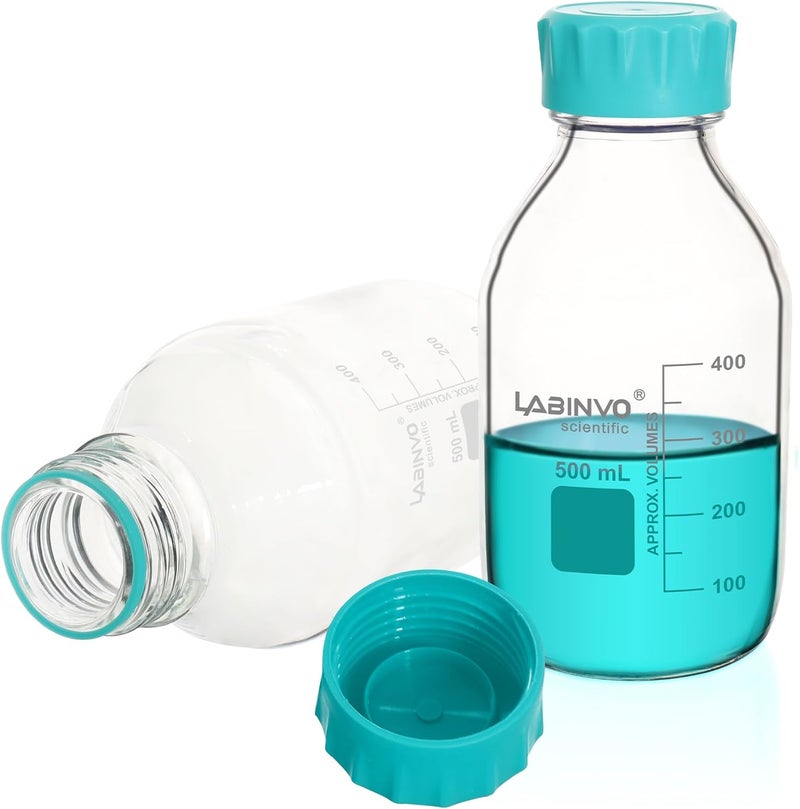 LINVO Glass Round Media Storage Bottles, 6pcs of Vol.500ml, 3.3 Borosilicate Glass Material, With GL45 Polypropylene Screw Cap in Aqua Blue Color, Type B Cap,IN-RB500B - Image 1